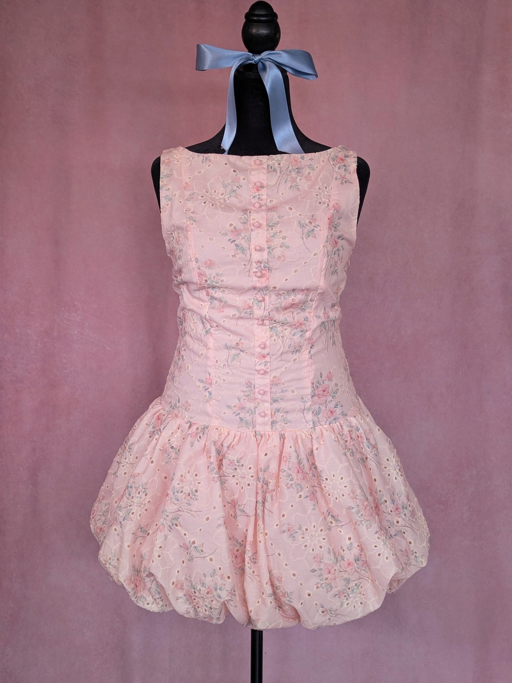 SHEIN Blush Pink Floral Eyelet Drop Waist Bubble Mini Dress Size L